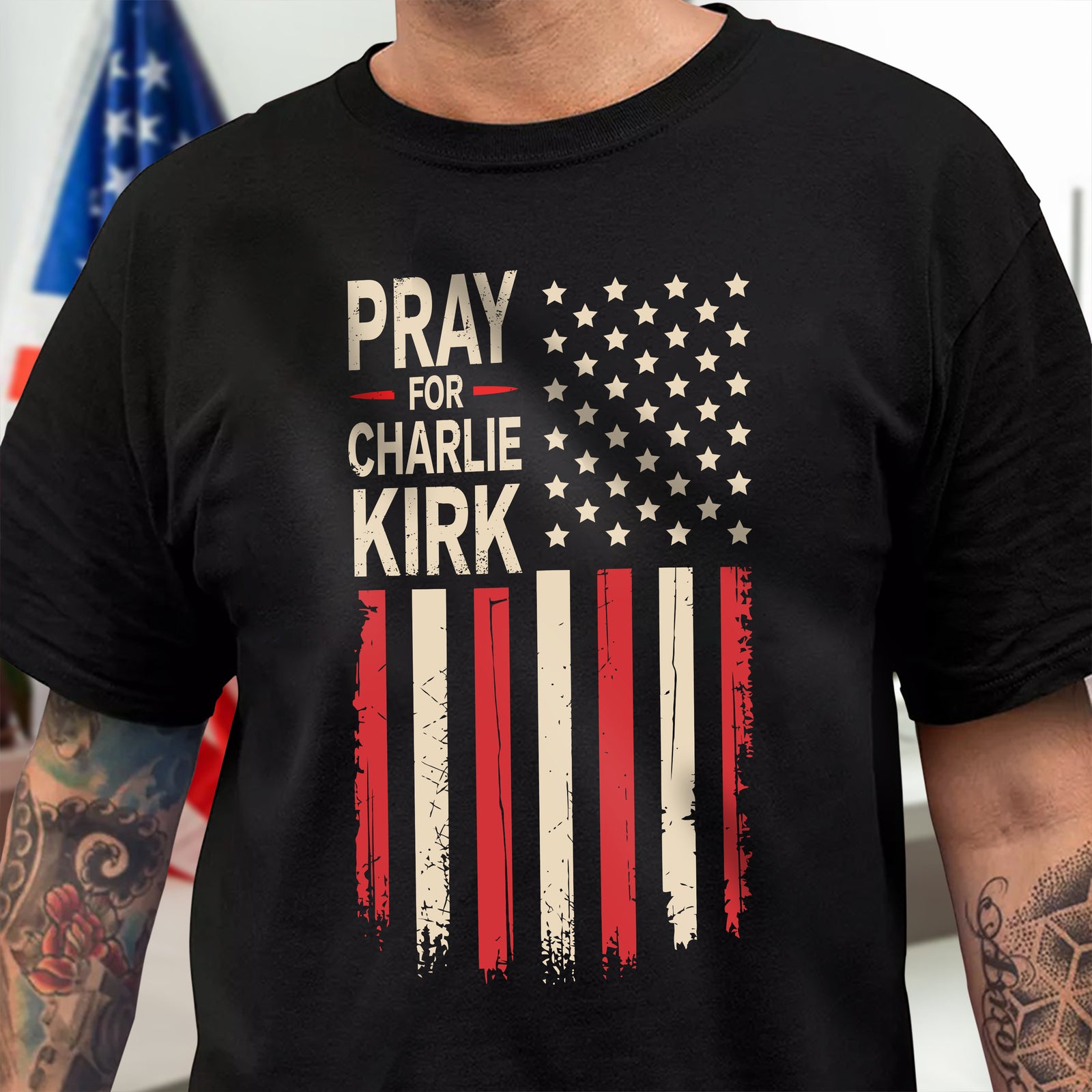 Distressed American Flag: Pray for Charlie Kirk Memorial Dark Shirt LM32 65617