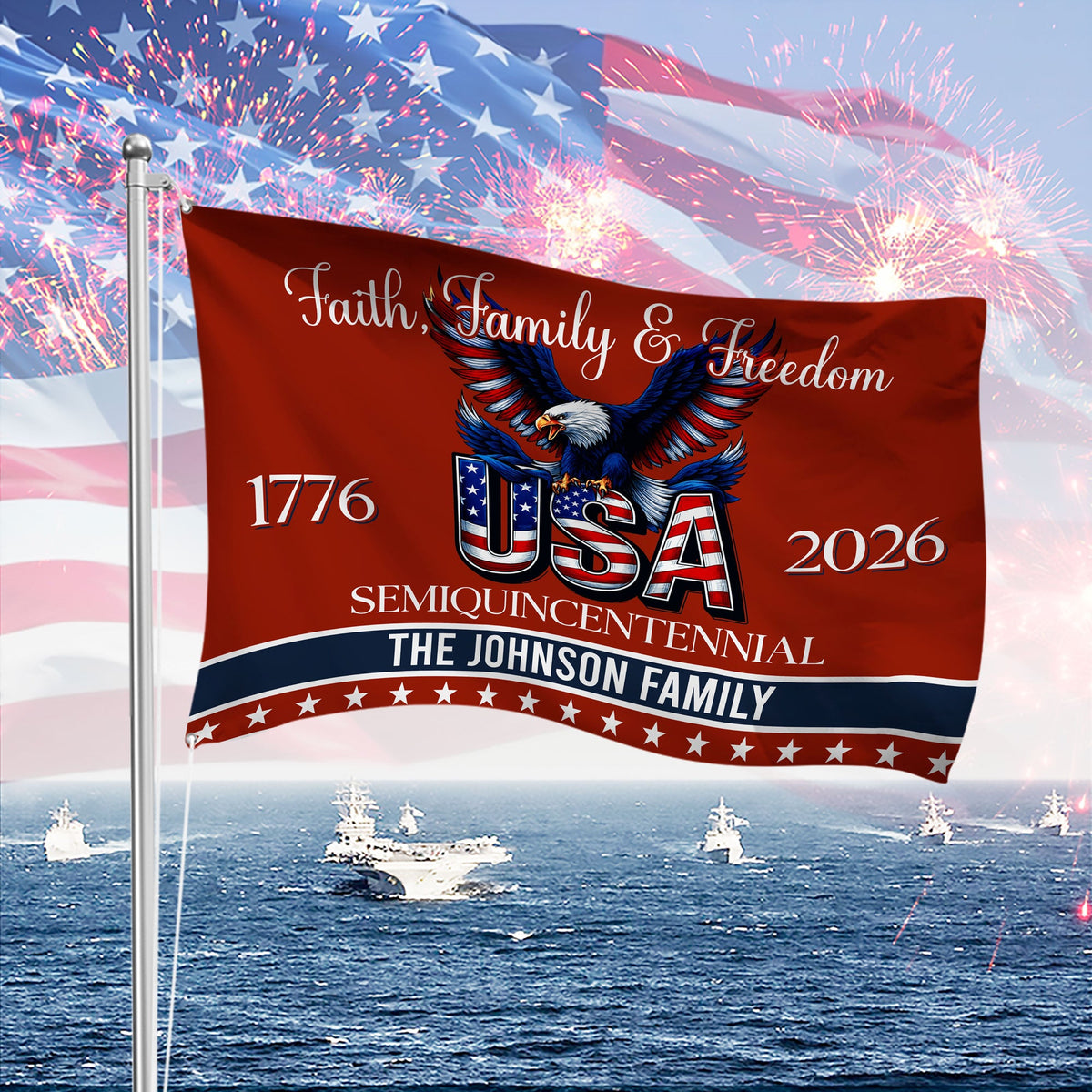 Custom Family Name Faith, Family & Freedom America 250 Years Patriotic Banner House Flag LM32 897717