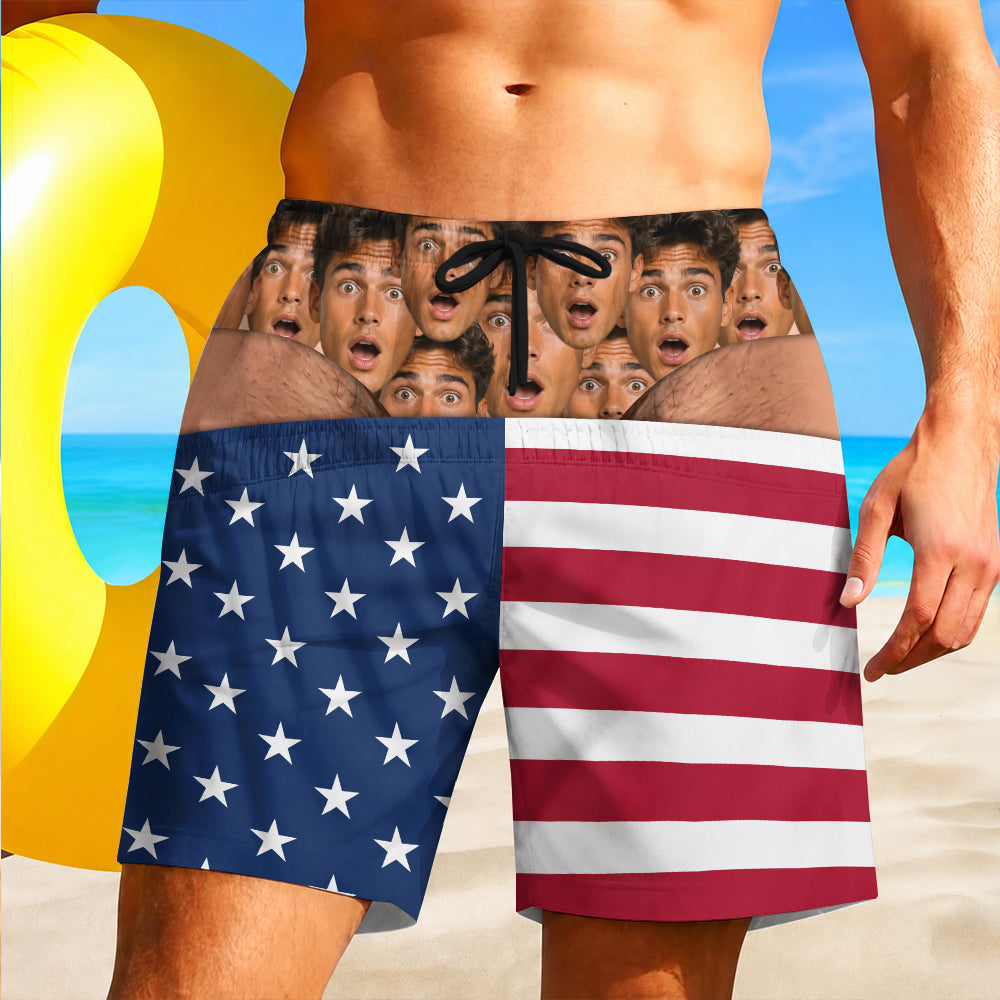 Custom Face Funny Men’s Swim Trunks - Fake Underwear Beach Shorts, Birthday Gag Gift For Him HA75 921946