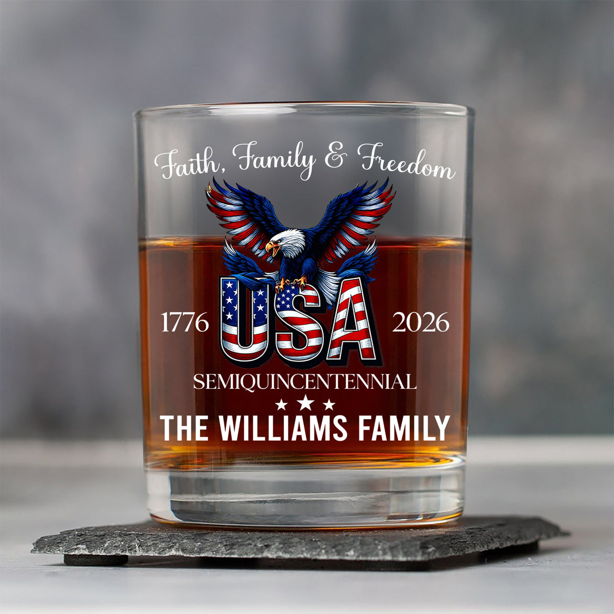 Custom Name Faith, Family & Freedom America 250 Years Patriotic Whiskey Glass LM32 897719