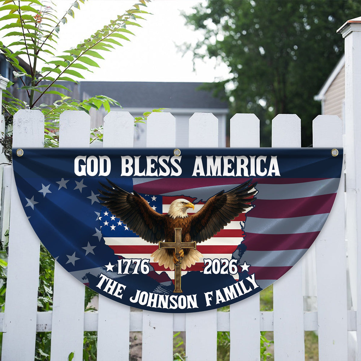 Custom Family Name Patriotic 250th Anniversary God Bless America Eagle 1776–2026 Non-Pleated Fan Flag HA75 920118