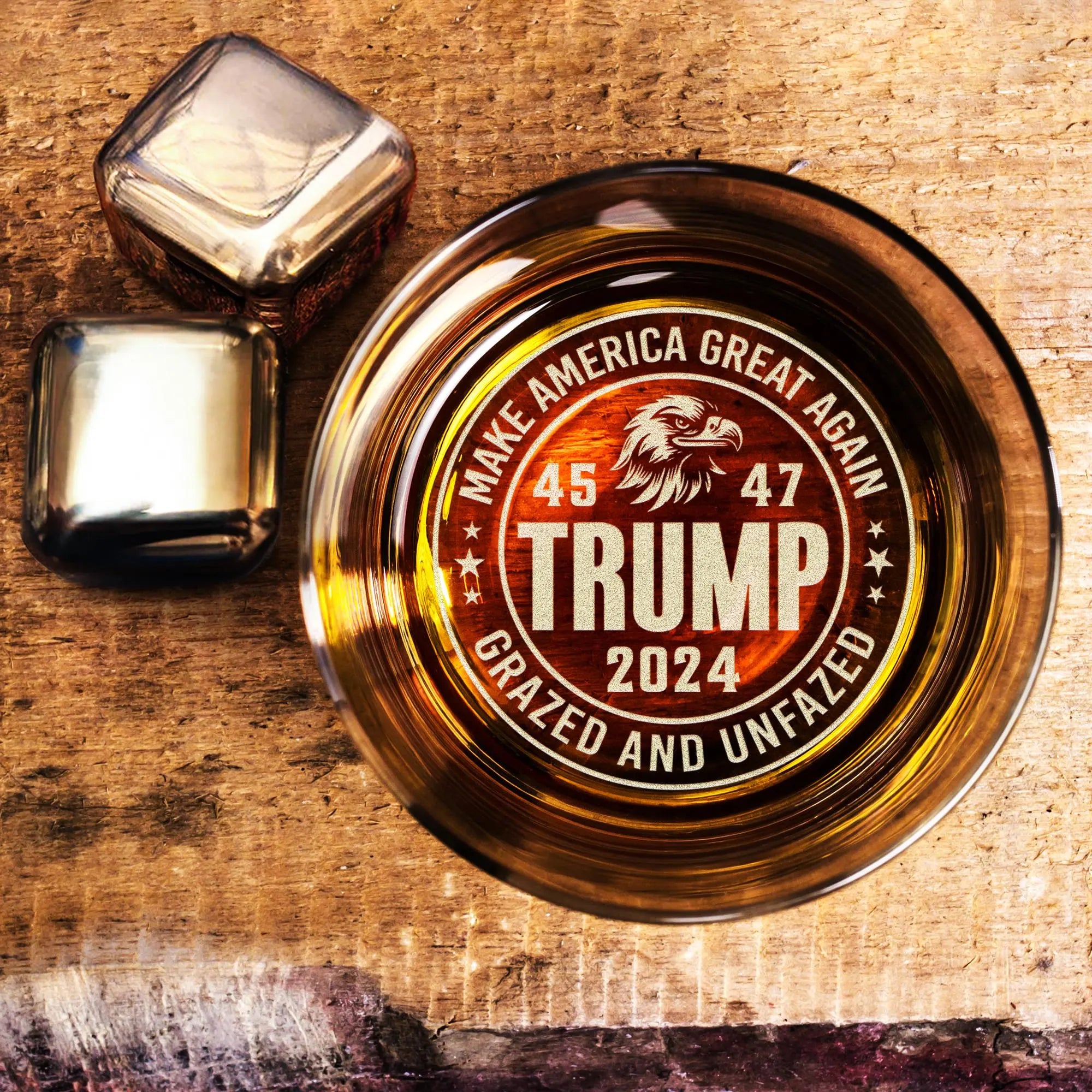 Engraved Donald Trump Whiskey Glass Gifts, Etched Rock Glass for Republican Supporters, Make America Great Again 45 47