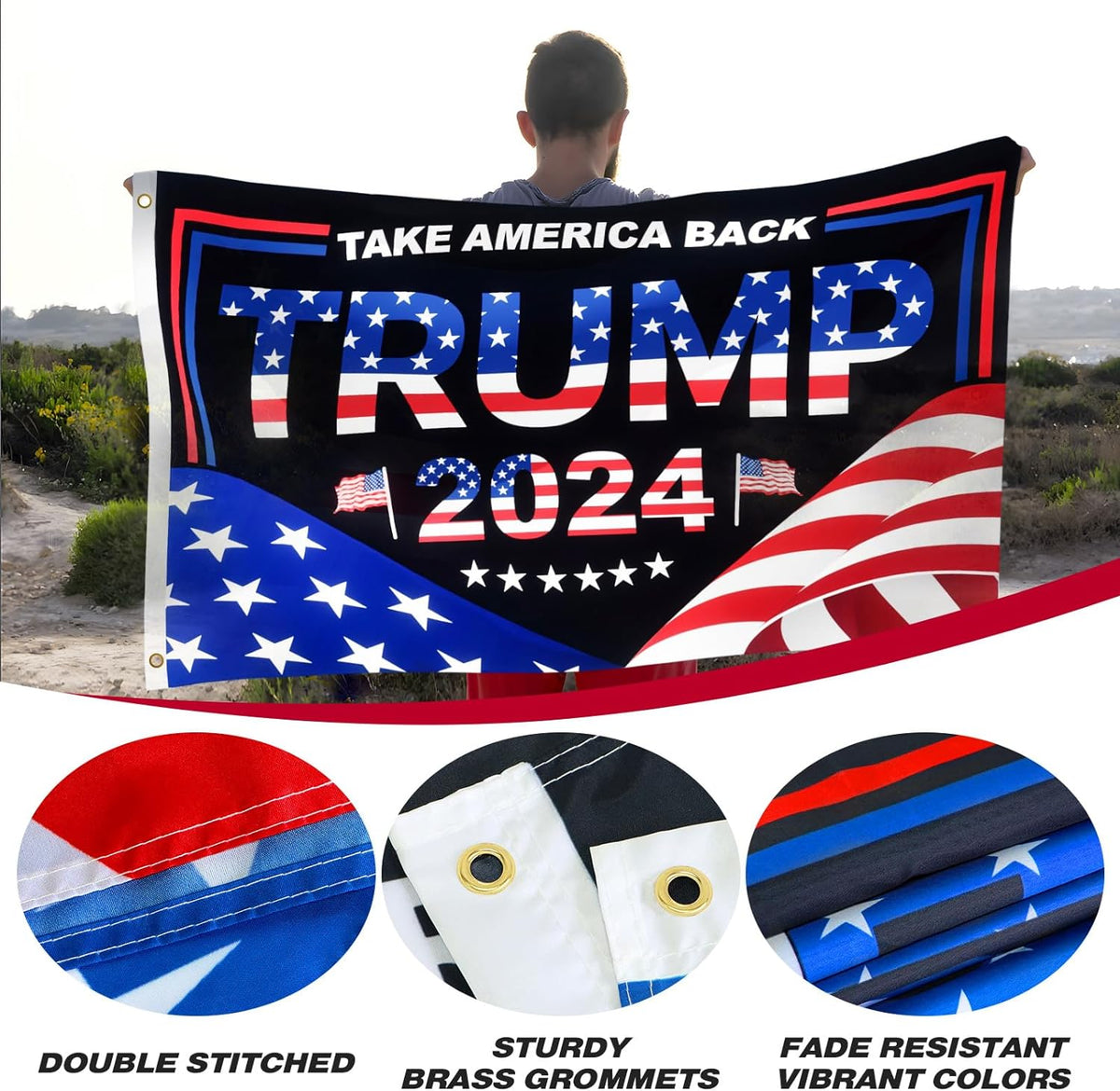 Trump 2024 Flag 3X5 FT President Trump Flag Take America Back Banner Indoor Outdoor 1 Ply with Vivid Patriotic Colors Design UV & Fade Resistant 2 Brass Grommets