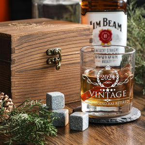 Retirement Gifts for Men Whiskey Glass Set - the Legend Has Retired 2024 - Retirement Party Decorations, Supplies - Gifts Ideas for Him, Dad, Husband, Friends - Wood Box & Whiskey Stones & Coaster