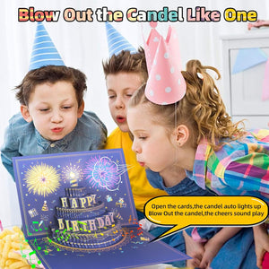 UPGRADED 3D Pop up Firework Birthday Cards, Musical & LED Lights Birthday Cards with Blowable Birthday Cake, Greeting Cards, Birthday Gifts for Mom Women Men Kids Child Dad Father Wife (Blue)