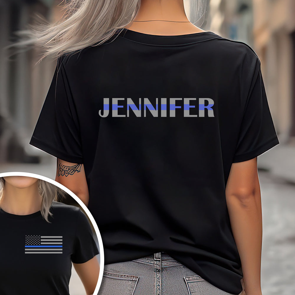 Custom Name Blue Line With American Flag Dark Back And Front Shirt Gift For Police HO82 65696