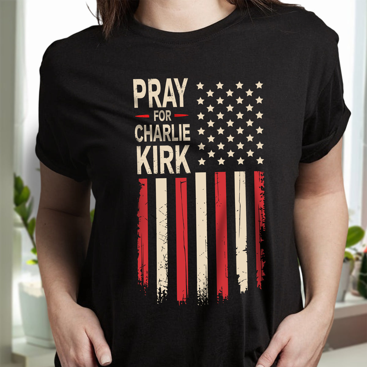Distressed American Flag: Pray for Charlie Kirk Memorial Dark Shirt LM32 65617