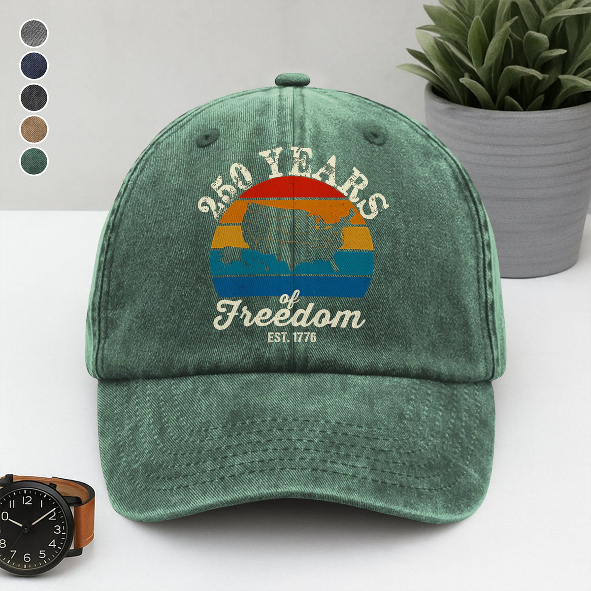 Custom Dog Photo 250 Years of Freedom EST. 1776 Washed Denim Baseball Cap LM32 895329