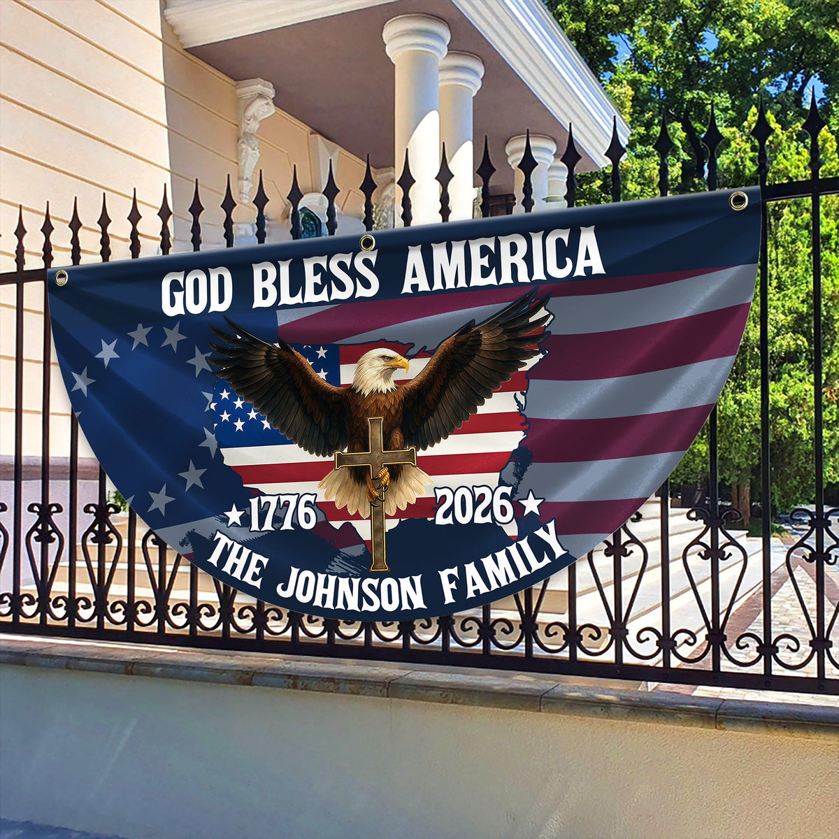 Custom Family Name Patriotic 250th Anniversary God Bless America Eagle 1776–2026 Non-Pleated Fan Flag HA75 920118