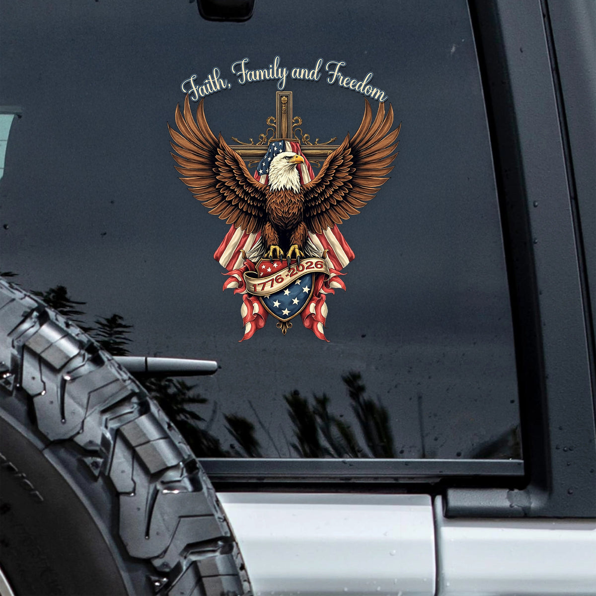 Faith, Family & Freedom Bald Eagle With US Flag And Cross Car Window Decal Sticker LM32 897331
