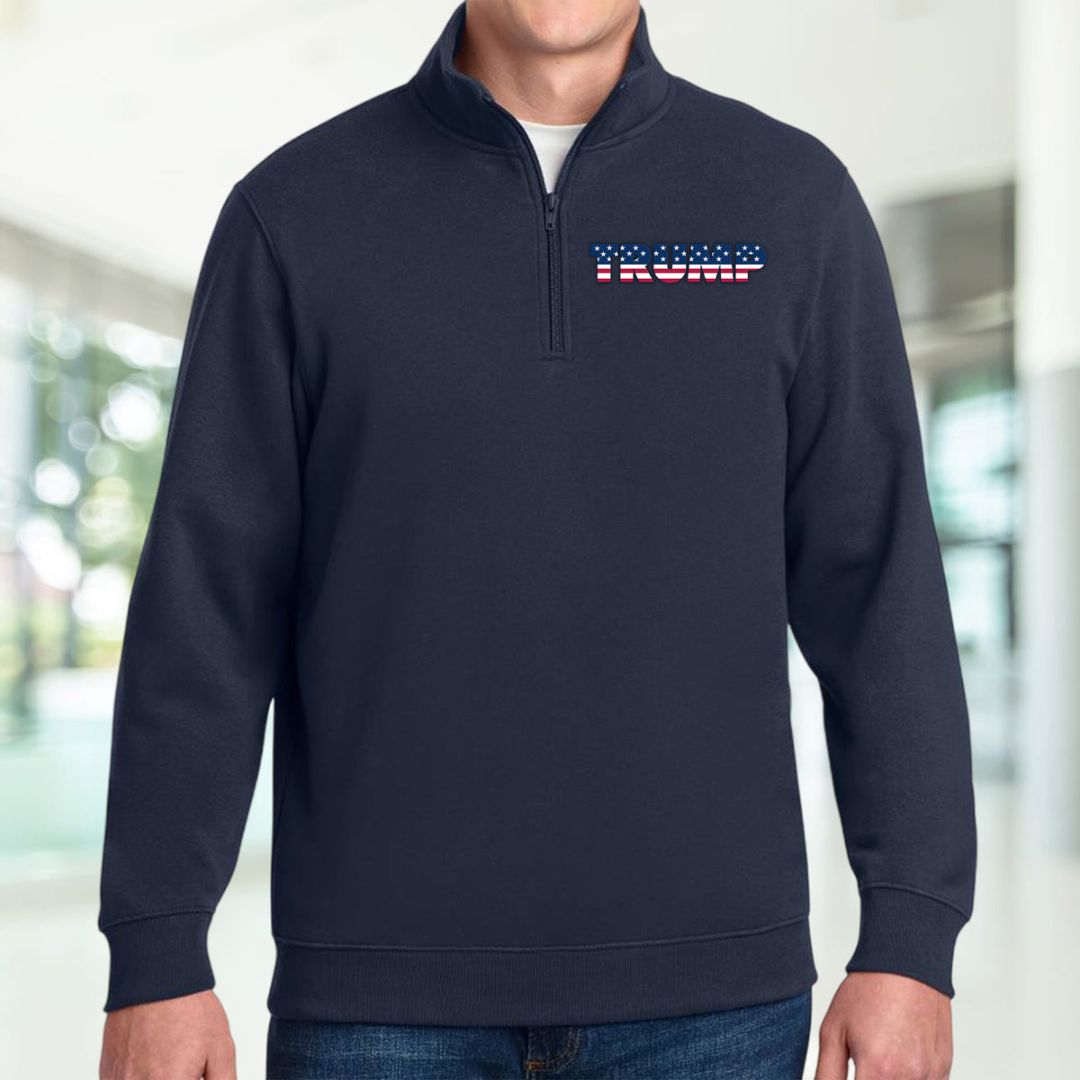 Trump Flag Text Printed Quarter Zip Sweater TH10 64619