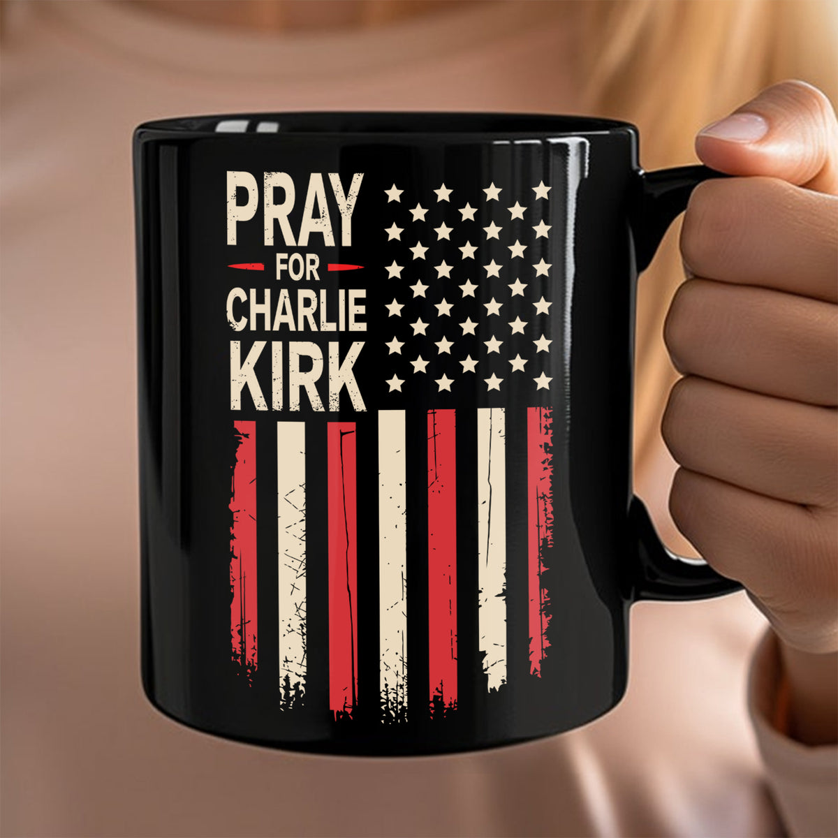 Distressed American Flag: Pray for Charlie Kirk Memorial Black Mug LM32 65619