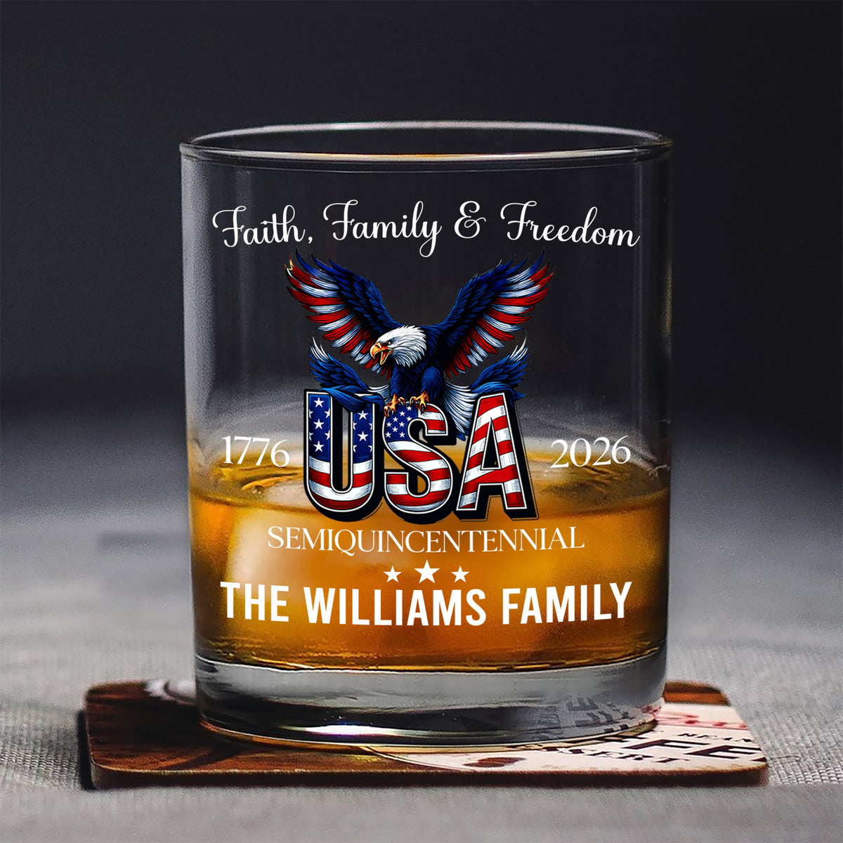 Custom Name Faith, Family & Freedom America 250 Years Patriotic Whiskey Glass LM32 897719