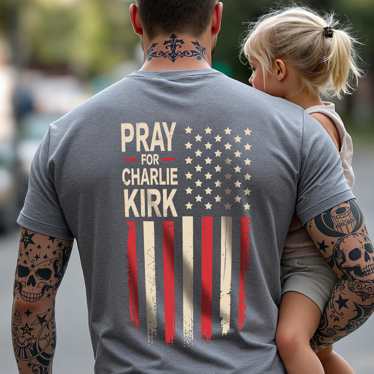 Distressed American Flag: Pray for Charlie Kirk Backside Dark Shirt LM32 65621
