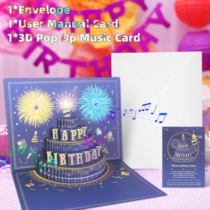 UPGRADED 3D Pop up Firework Birthday Cards, Musical & LED Lights Birthday Cards with Blowable Birthday Cake, Greeting Cards, Birthday Gifts for Mom Women Men Kids Child Dad Father Wife (Blue)