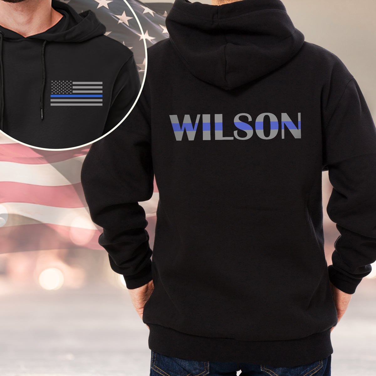 Custom Name Blue Line With American Flag Dark Back And Front Shirt Gift For Police HO82 65696