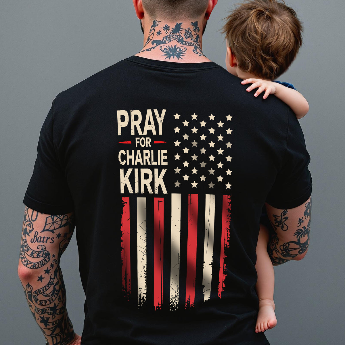 Distressed American Flag: Pray for Charlie Kirk Backside Dark Shirt LM32 65621