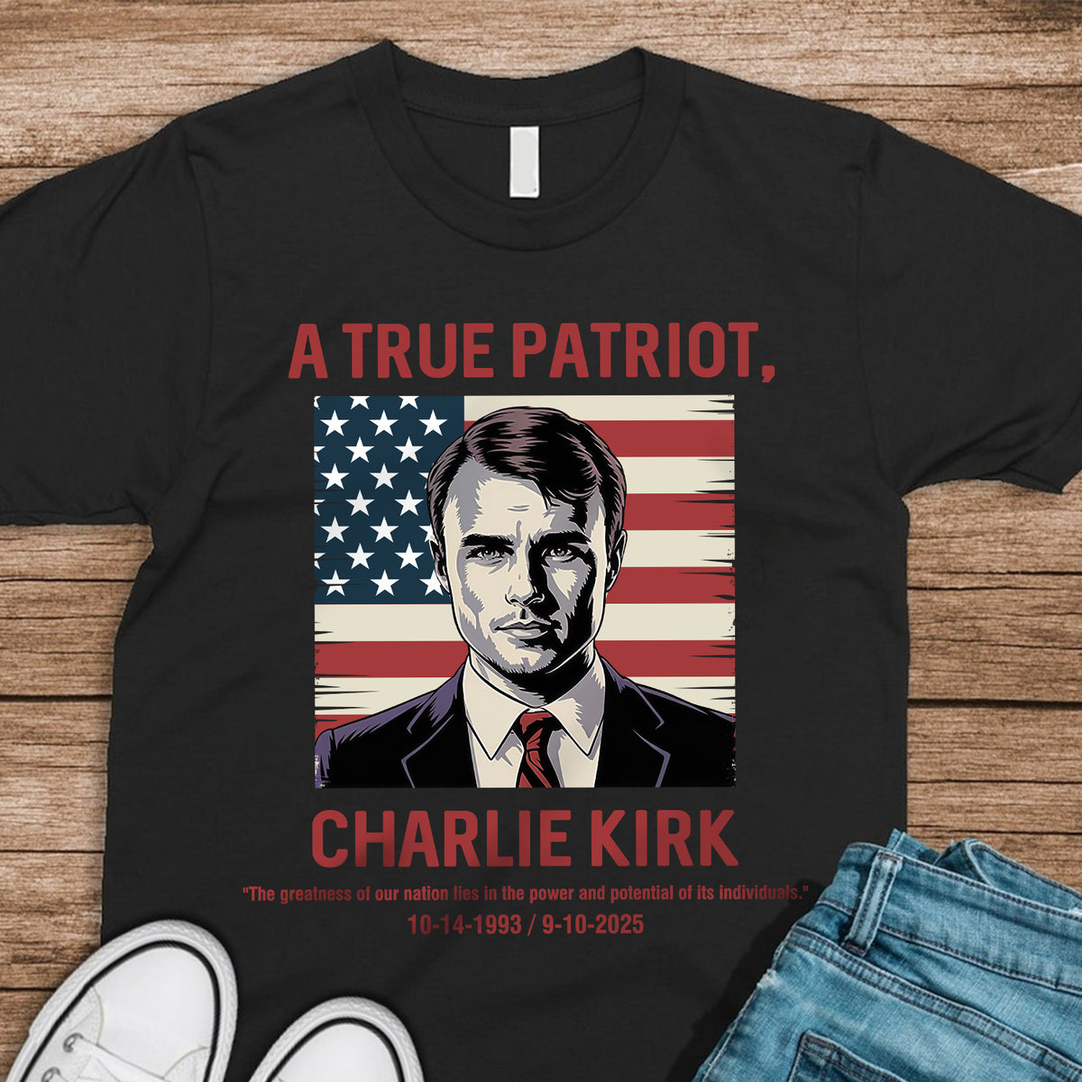 A True Patriot, Pray For Charlie Kirk 1993 - 2025, Memorial Dark Shirt TH10 64403