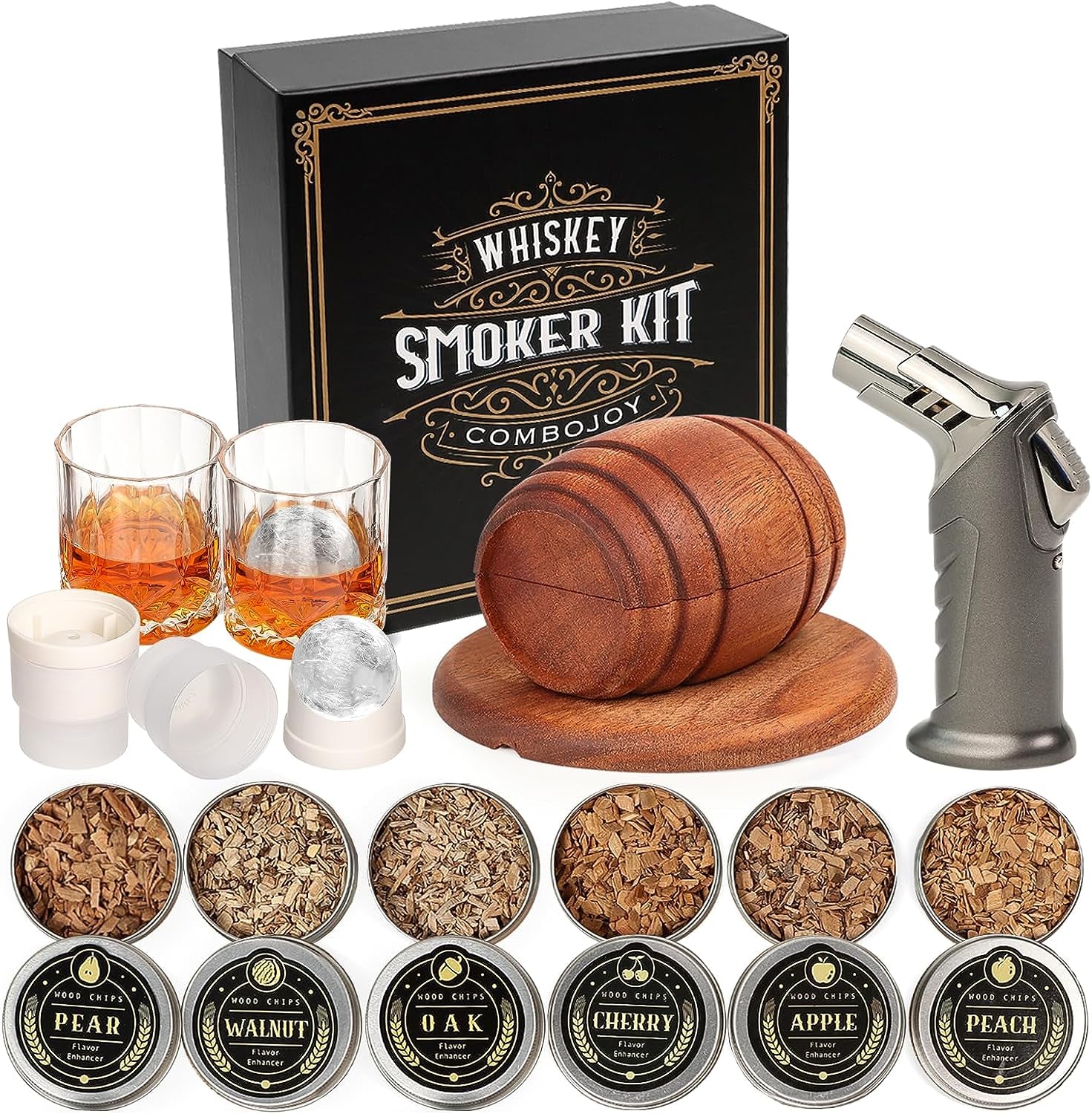 Whiskey Smoker Kit with Torch - 6 Flavors Wood Chips, 2 Glasses, 2 Ice Ball Molds - Cocktail Smoker Infuser Kit, Old Fashioned Drink Smoker Kit, Birthday Bourbon Whiskey Gifts for Men,Dad(No Butane)