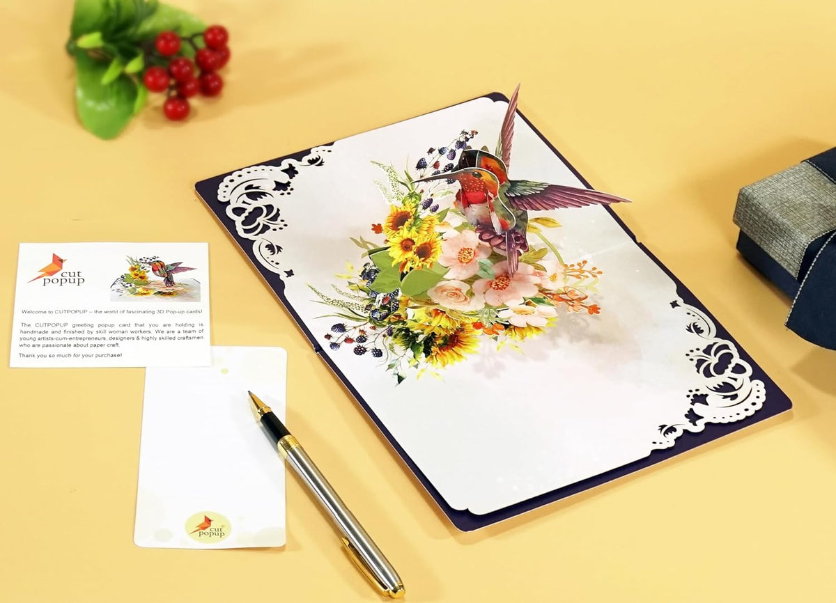 CUTPOPUP Hummingbird Birthday Card Pop Up, Mothers Day, Fathers Day, 3D Popup Greeting Card, Birthday Card for Women (Hummingbird Sunflower)