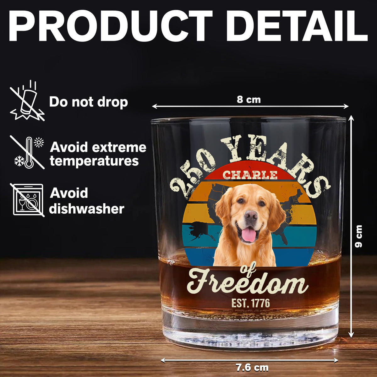 Custom Dog Photo 250 Years of Freedom EST. 1776 Whiskey Glass LM32 895325