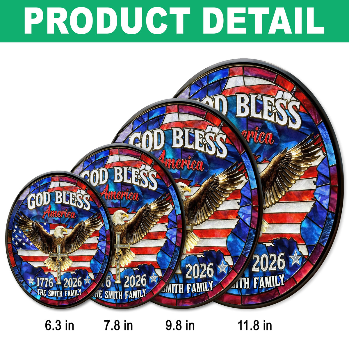 Custom Family Name Patriotic 250th Anniversary God Bless America Eagle 1776–2026 Stained Glass Suncatcher HO82 901484
