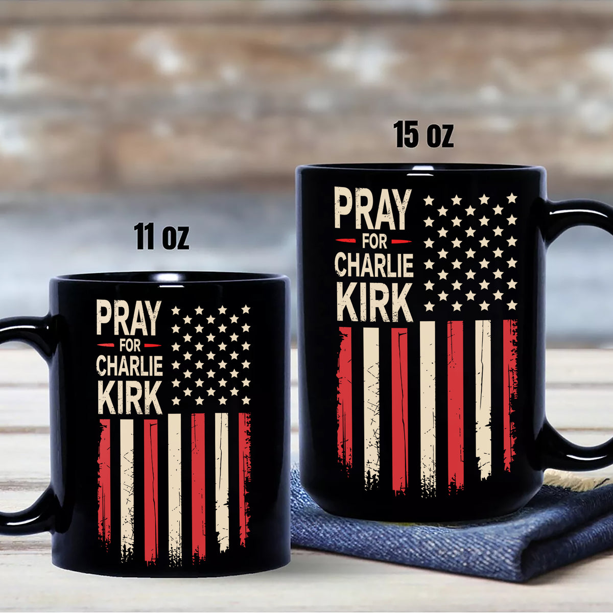 Distressed American Flag: Pray for Charlie Kirk Memorial Black Mug LM32 65619