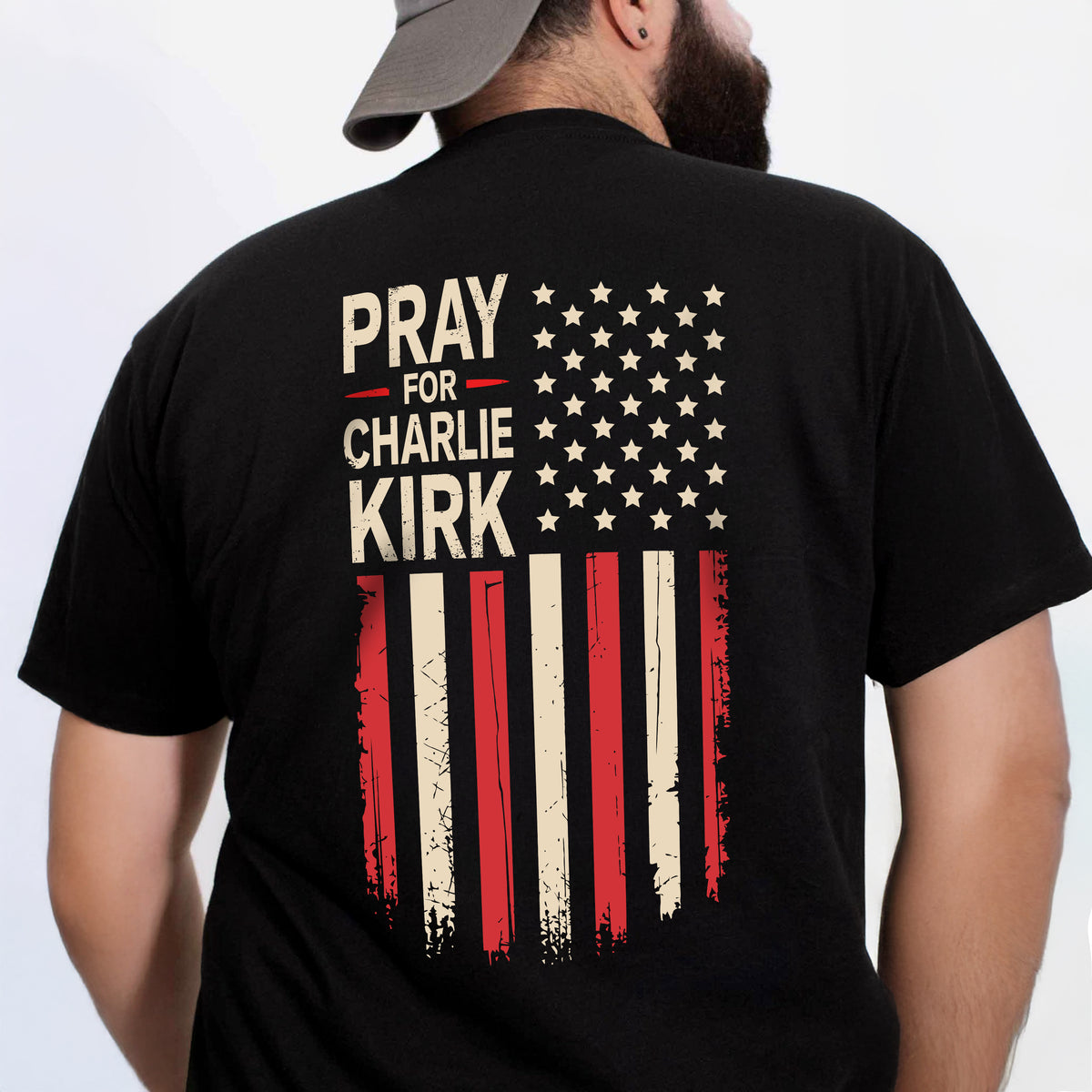 Distressed American Flag: Pray for Charlie Kirk Backside Dark Shirt LM32 65621