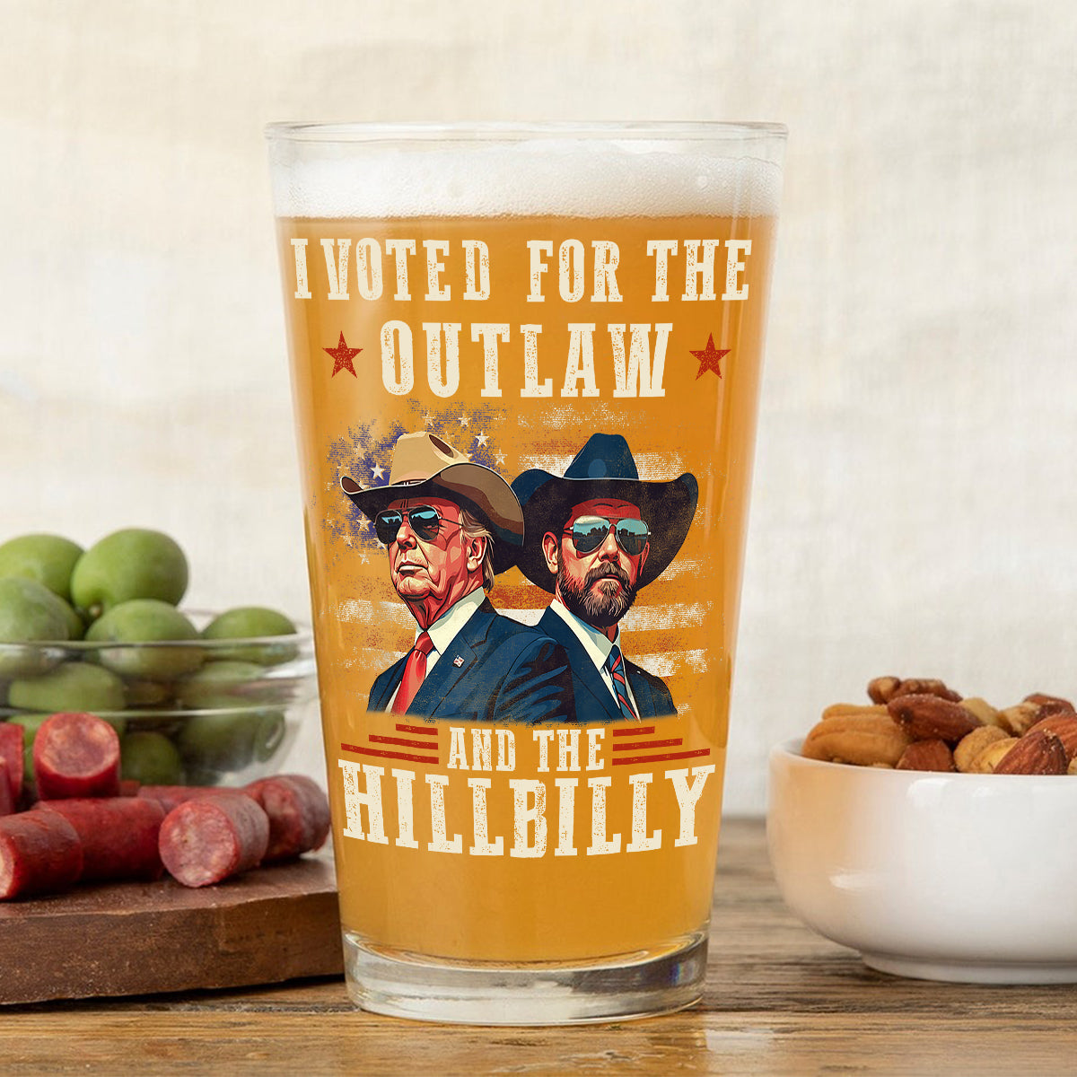 I'm Voting For The Outlaw And The Hillbilly Trump Vance Beer Glass HA75 67010