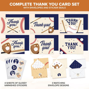 Baseball Thank You Cards, 24Pcs Greeting Card with 6 Designs, Blank Inside, 6X4 Inch, Matching Envelopes & Stickers, Perfect for Birthday, Coach, Father'S Day, Kid Thank You Cards