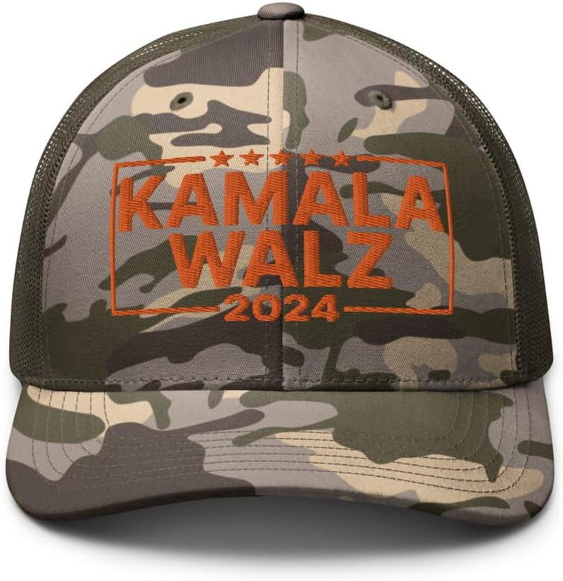 Kamala Harris 2024 '24 Tim Walz Camo Trucker Hat Orange