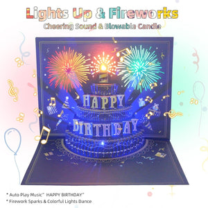 UPGRADED 3D Pop up Firework Birthday Cards, Musical & LED Lights Birthday Cards with Blowable Birthday Cake, Greeting Cards, Birthday Gifts for Mom Women Men Kids Child Dad Father Wife (Blue)