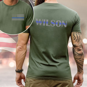 Custom Name Blue Line With American Flag Dark Back And Front Shirt Gift For Police HO82 65696