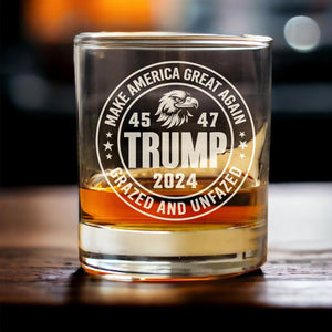 Engraved Donald Trump Whiskey Glass Gifts, Etched Rock Glass for Republican Supporters, Make America Great Again 45 47