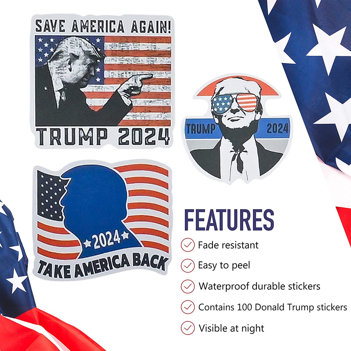 100 Pack Donald Trump 2024 Stickers (Large Size), Bumper Sticker, Trum RWB Zone