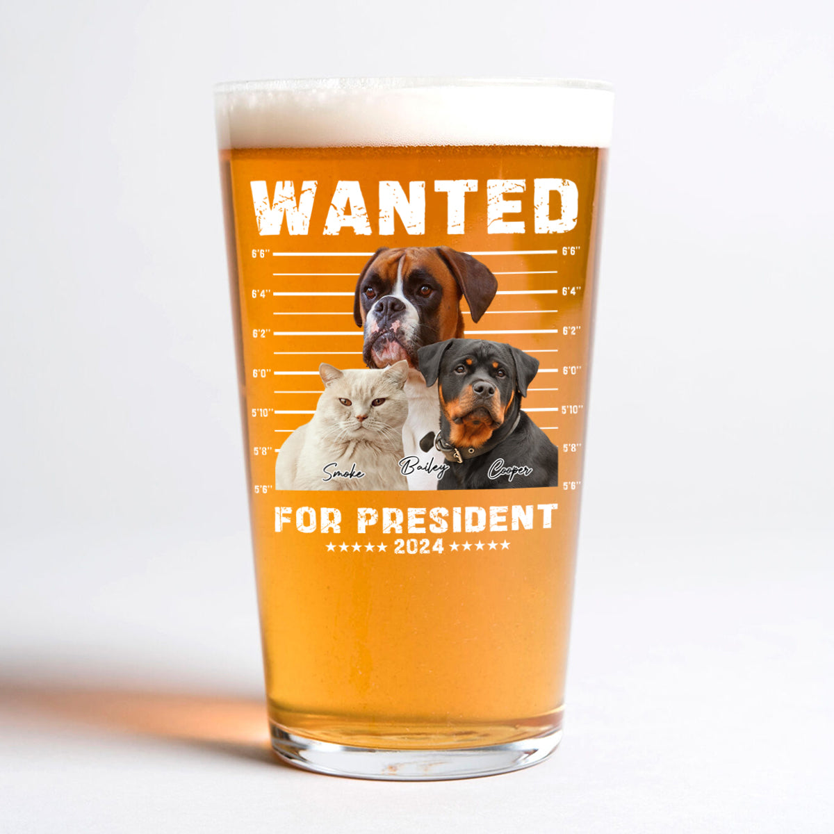 Custom Photo Wanted President, Live Preview Dog Cat Print Beer Glass HA75 62628