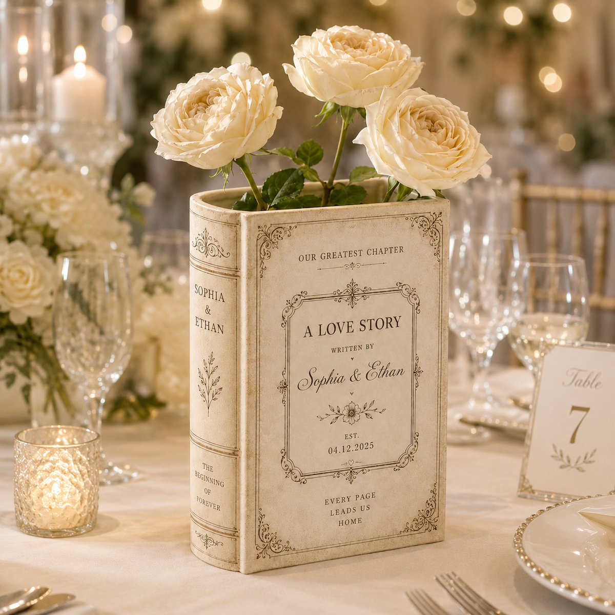 Custom Wedding A Love Story Toile De Jouy Ceramic Book Vase Bridal Shower Gift, Engagement Gift CH07 180122