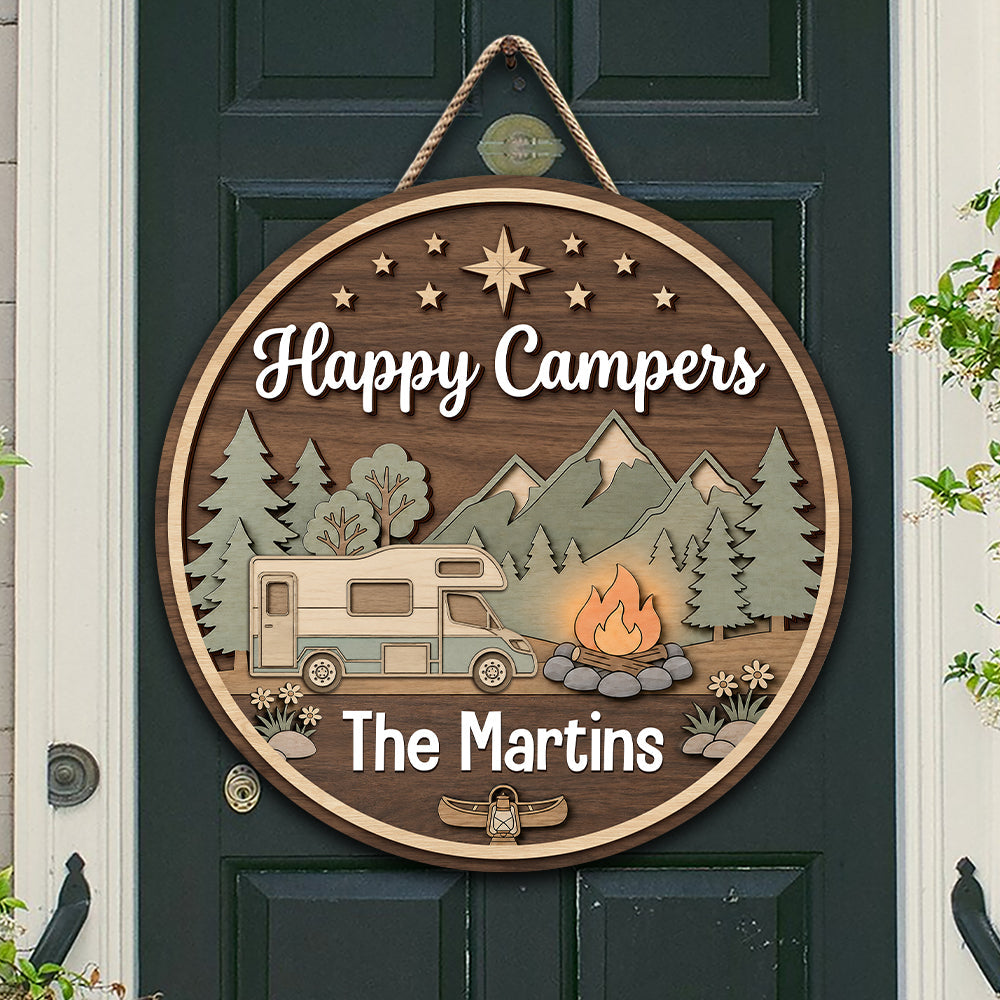 Personalized Happy Campers Camping 2-Layer Wooden Door Sign CH07 180030