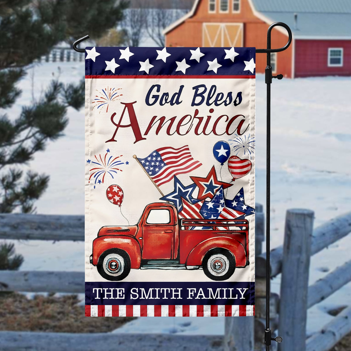 Custom Name God Bless America Patriotic Red Truck Garden Flag LM32 897195