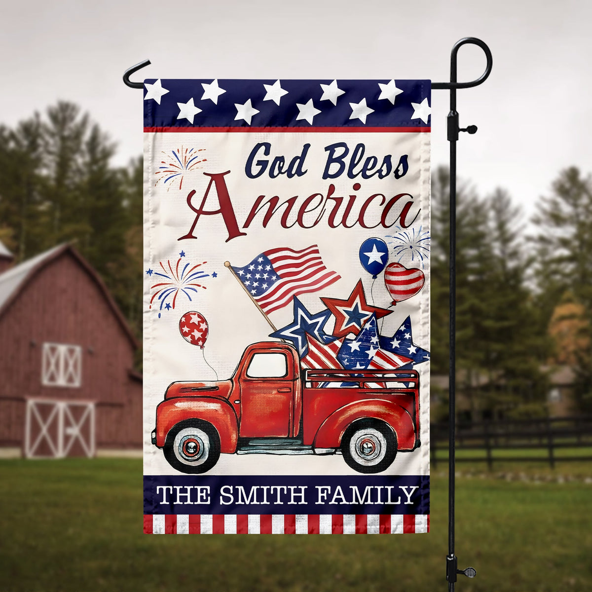 Custom Name God Bless America Patriotic Red Truck Garden Flag LM32 897195