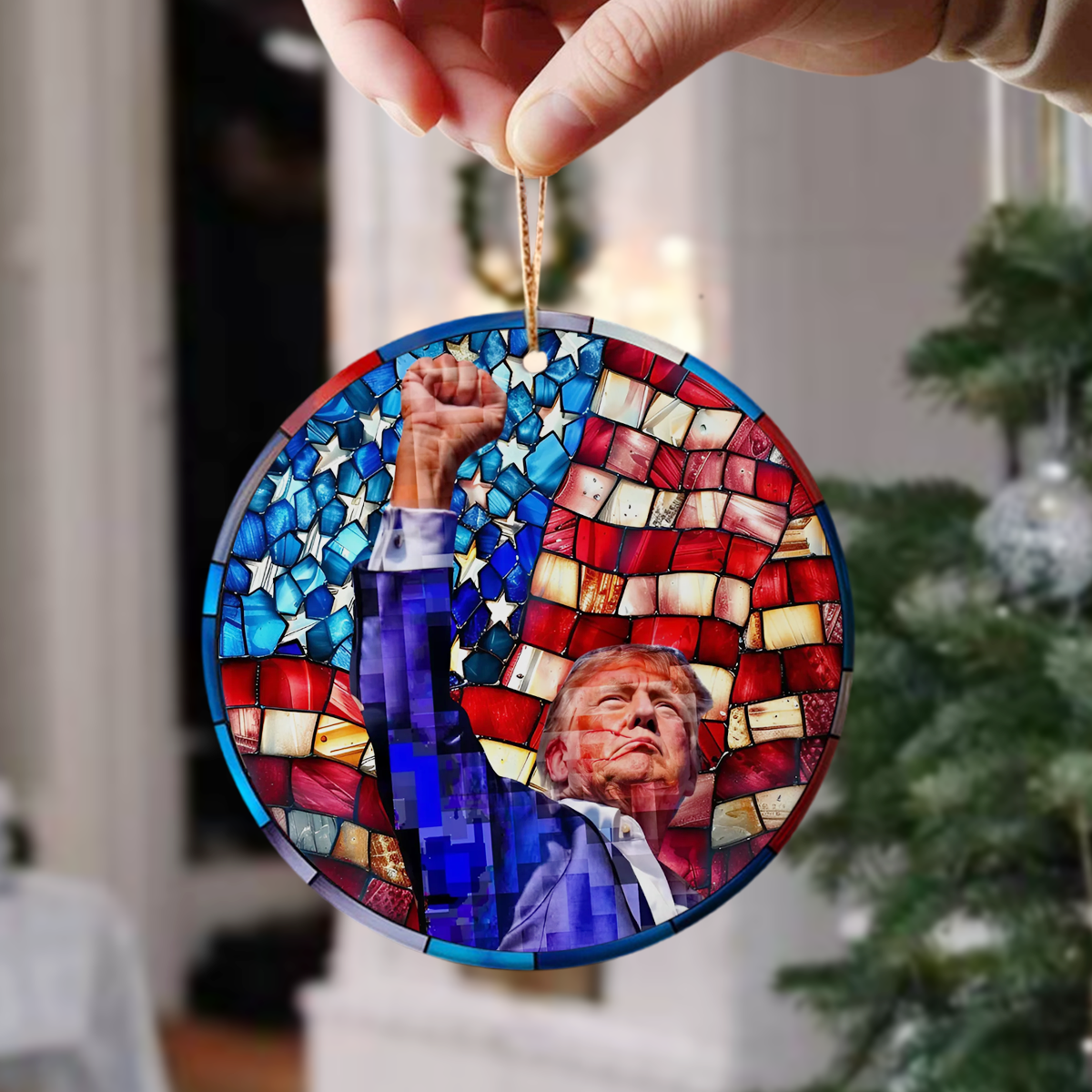 Trump Raised Fist Stained Glass Christmas Ceramic Ornament LM32 63927