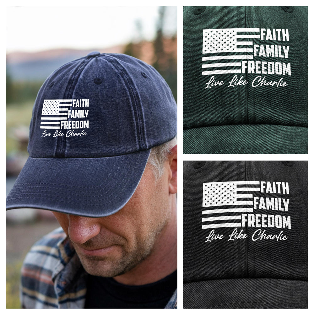 Live Like Charlie Kirk Faith Family Freedom Washed Denim Baseball Cap HA75 64580