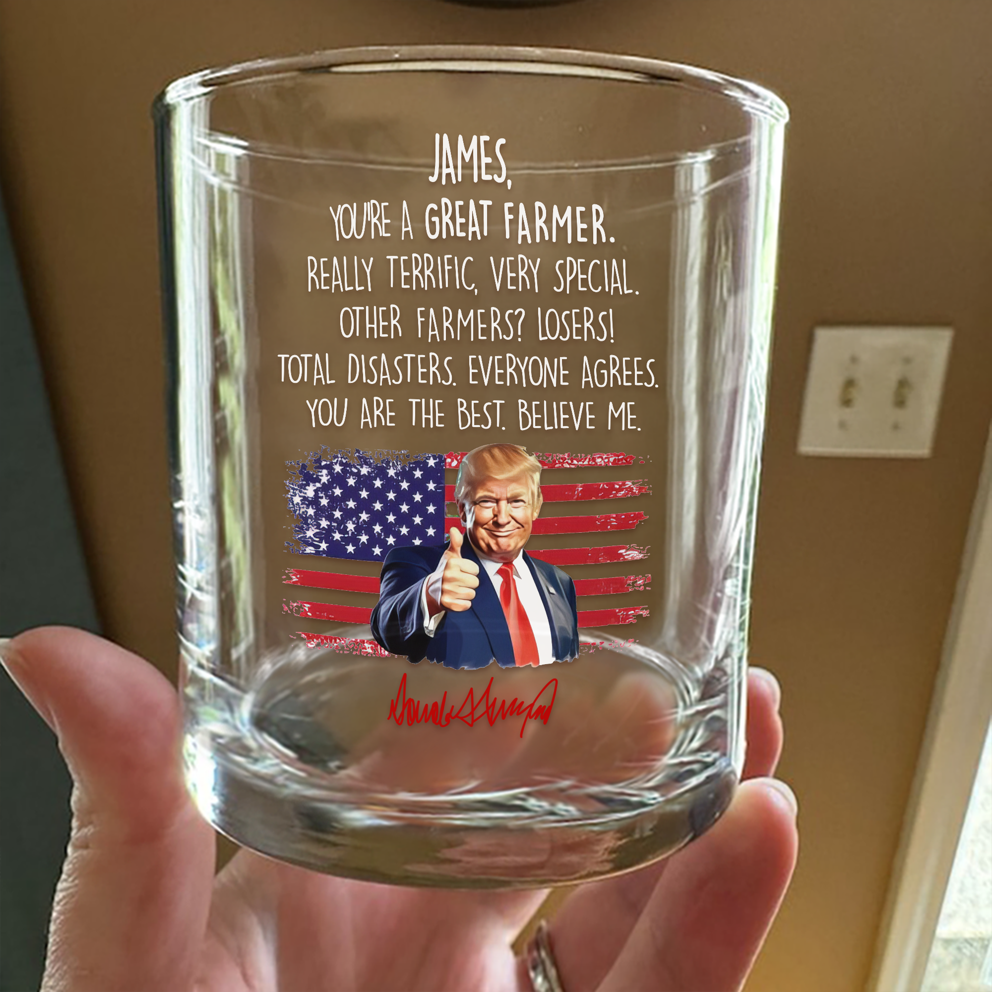 Custom Name You Are A Great Farmer With Funny President Trump Print Whiskey Glass HO82 65572