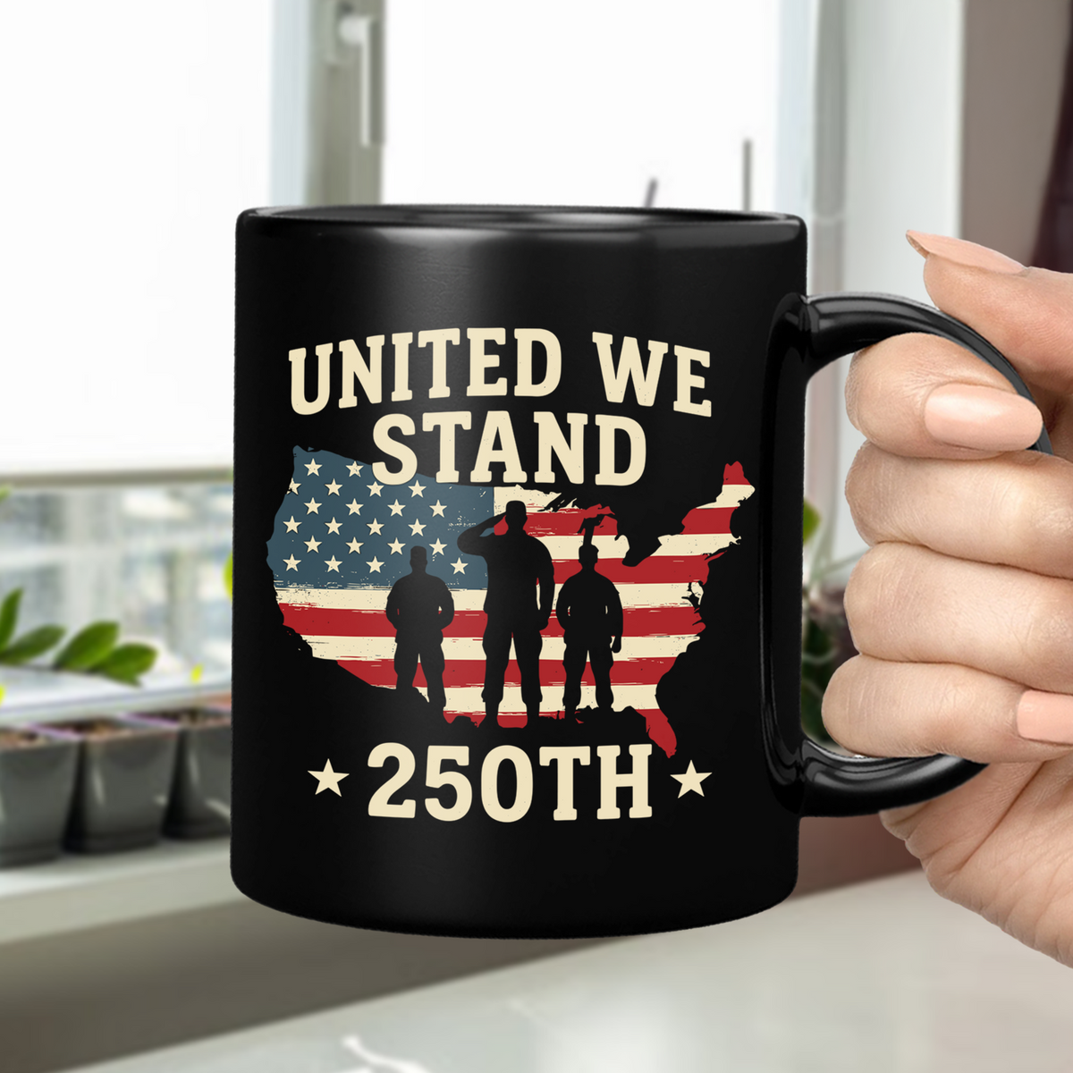 United We Stand 250th Anniversary USA Veteran Black Mug HA75 897306