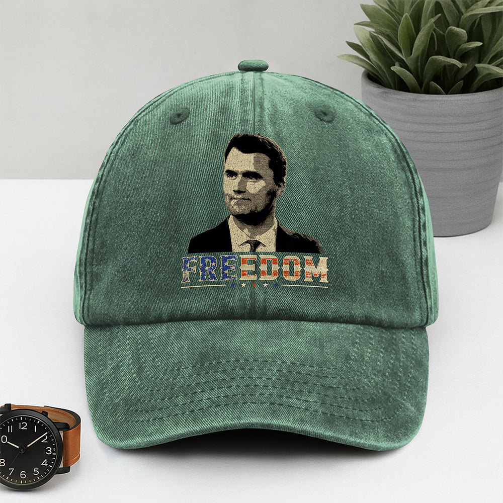Freedom Charlie Kirk America Flag Washed Denim Baseball Cap CH07 67620