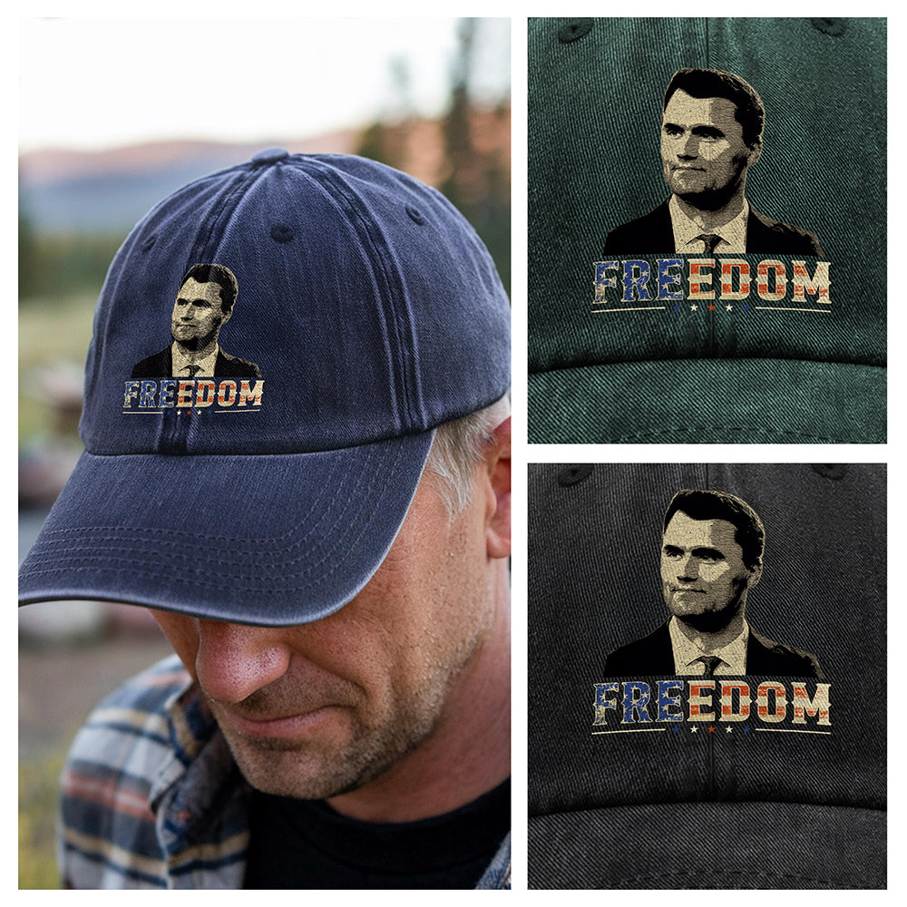 Freedom Charlie Kirk America Flag Washed Denim Baseball Cap CH07 67620