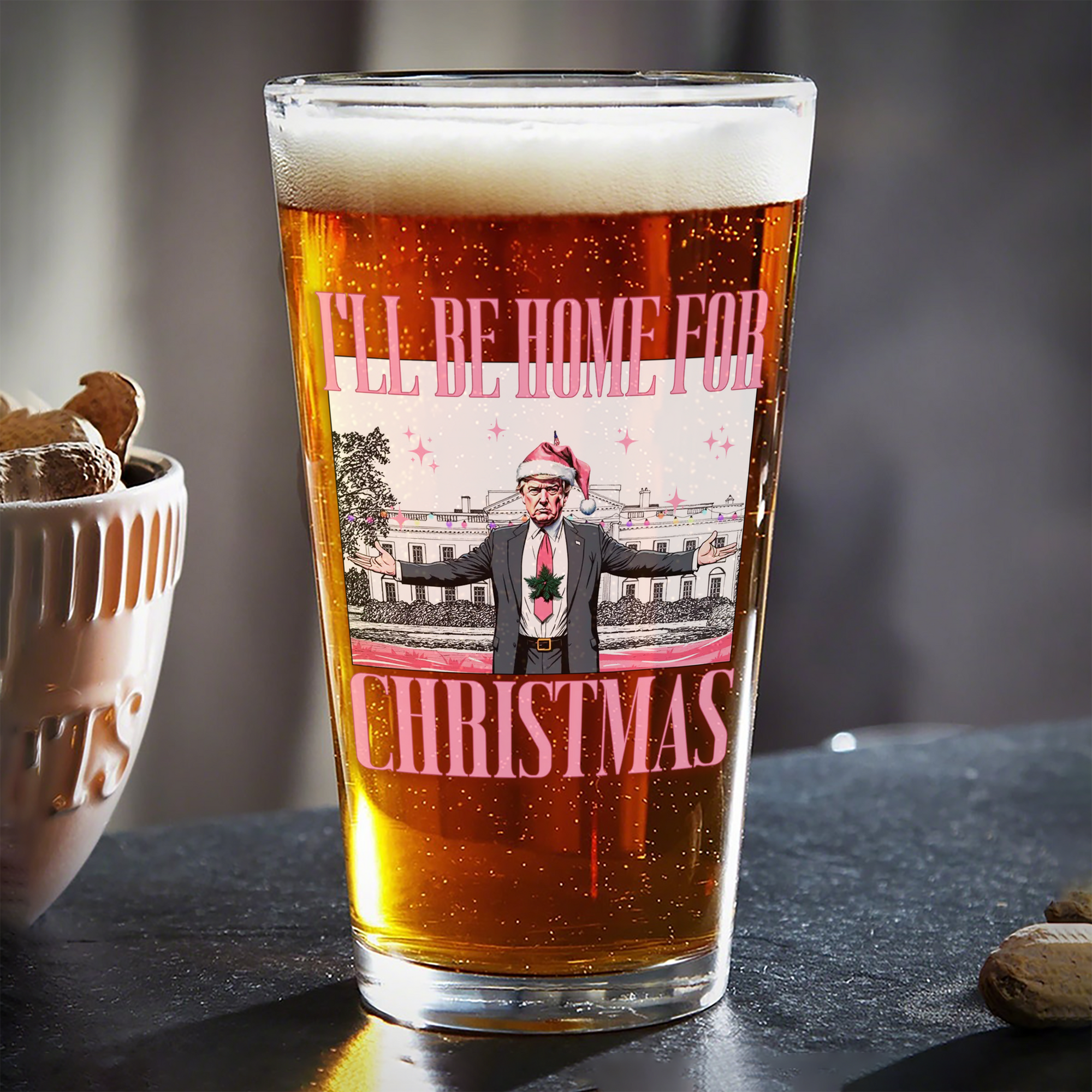 Trump I'll Be Home for Christmas, White House Beer Glass HA75 63770