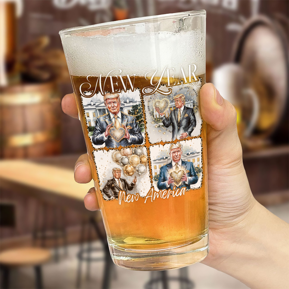 New Year New America Trump 2025 Disco Ball Beer Glass HA75 67134 RWB Zone