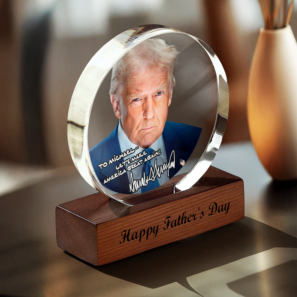 Personalized President Donald Trump Autographed Round Acrylic Frame Block LM32 65369