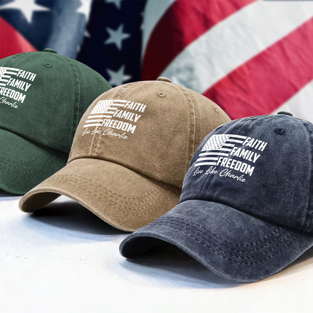 Live Like Charlie Kirk Faith Family Freedom Washed Denim Baseball Cap HA75 64580